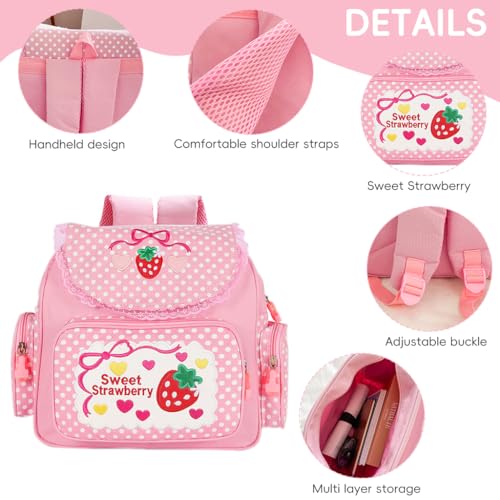PALAY® Kawaii Canvas Backpack for Girls Pink Sweet Strawberry Embroidery Decal Lace Travel Multi Pockets Book Bag Casual Day Bag Children's Day Gift PALAY® Kawaii Canvas Backpack for Girls Pink Sweet Strawberry Embroidery Decal Lace Travel Multi Pockets Book Bag Casual Day Bag Children's Day Gift